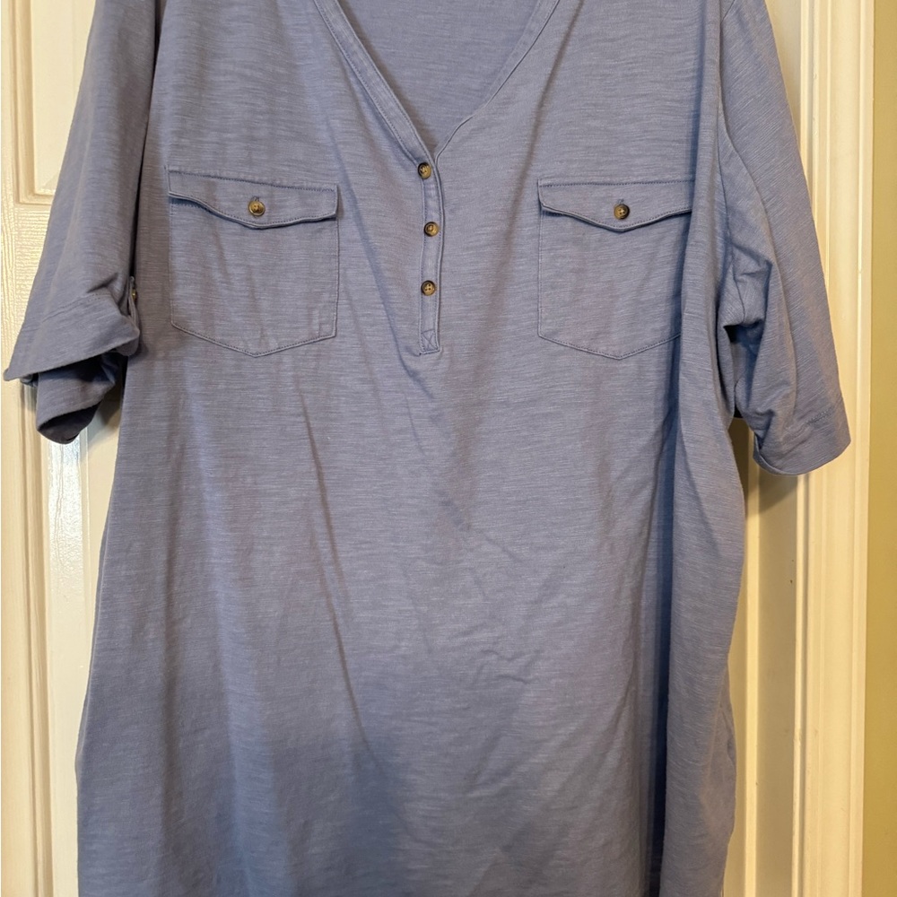 Blue V-Neck Button-Up Shirt